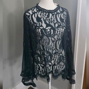 Versona Green Sheer Lace See Through Asymmetrical Bell Sleeve Blouse